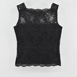 Vintage Y2k Kay Celine Lace Tank Top Womens Size M Black Floral Scalloped Shell